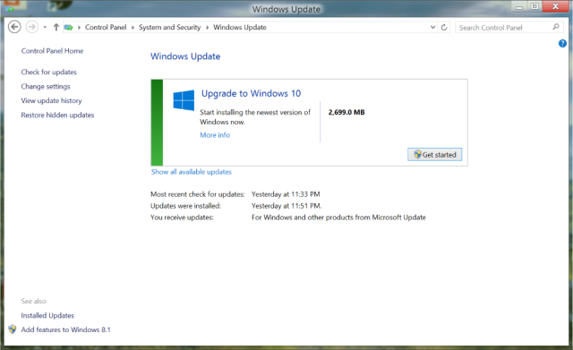 Windows 10 upgrade via Windows update